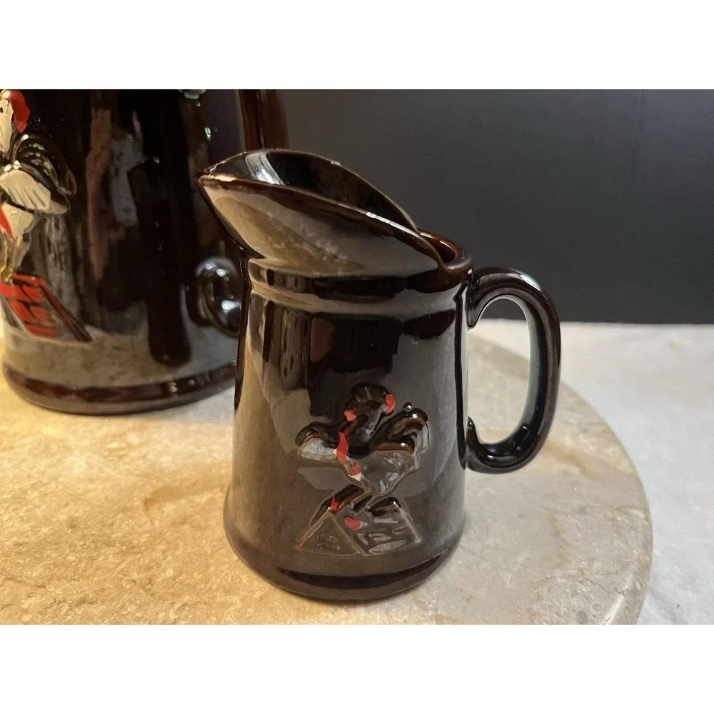 Vintage 50's Redware Pancake 7 Batter and 5.5 Syrup Rooster Pitchers Set of 2